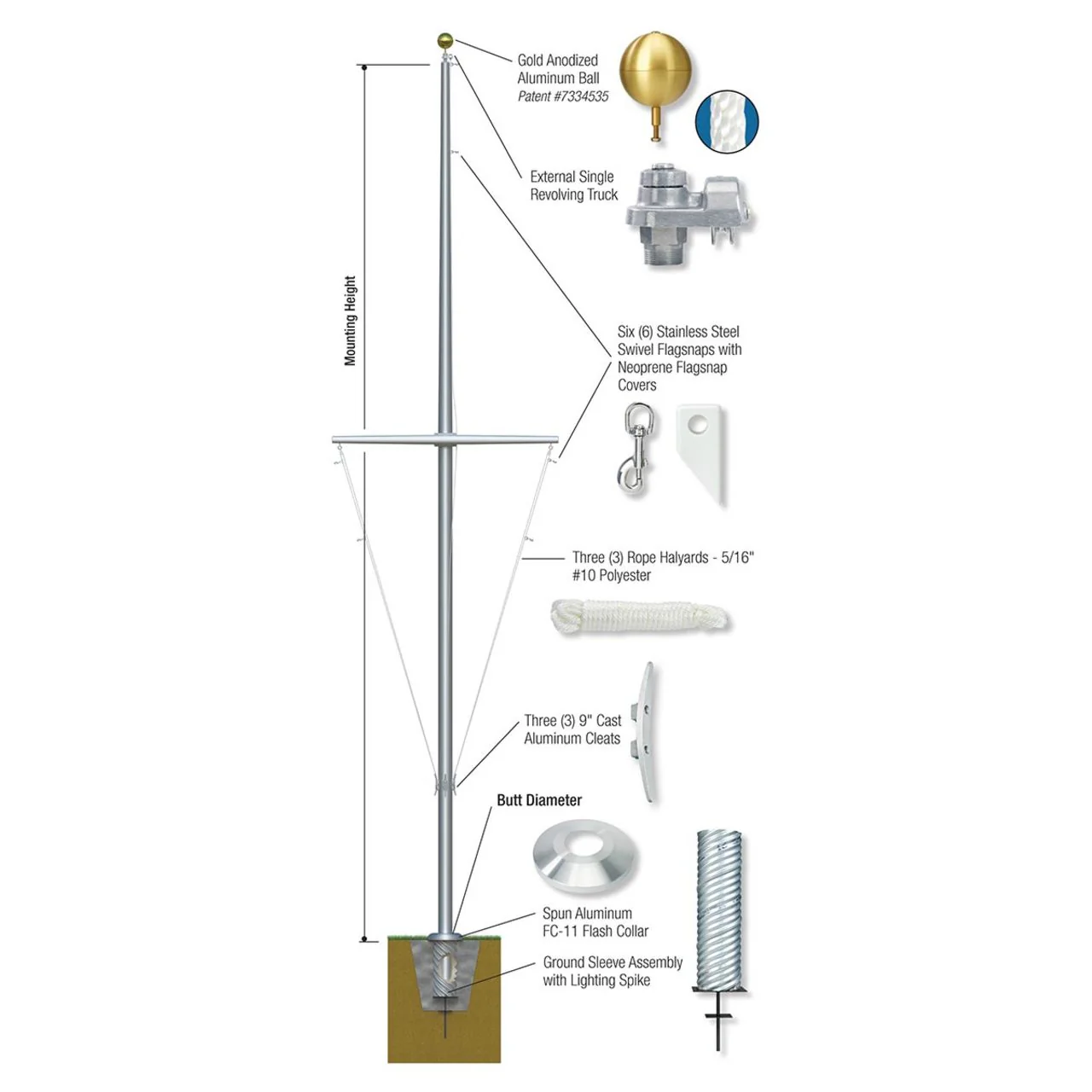Nautical Single Mast Series 25ft Commercial Flagpole - .125in Wall Thickness - 5in Butt Diameter - Image 2