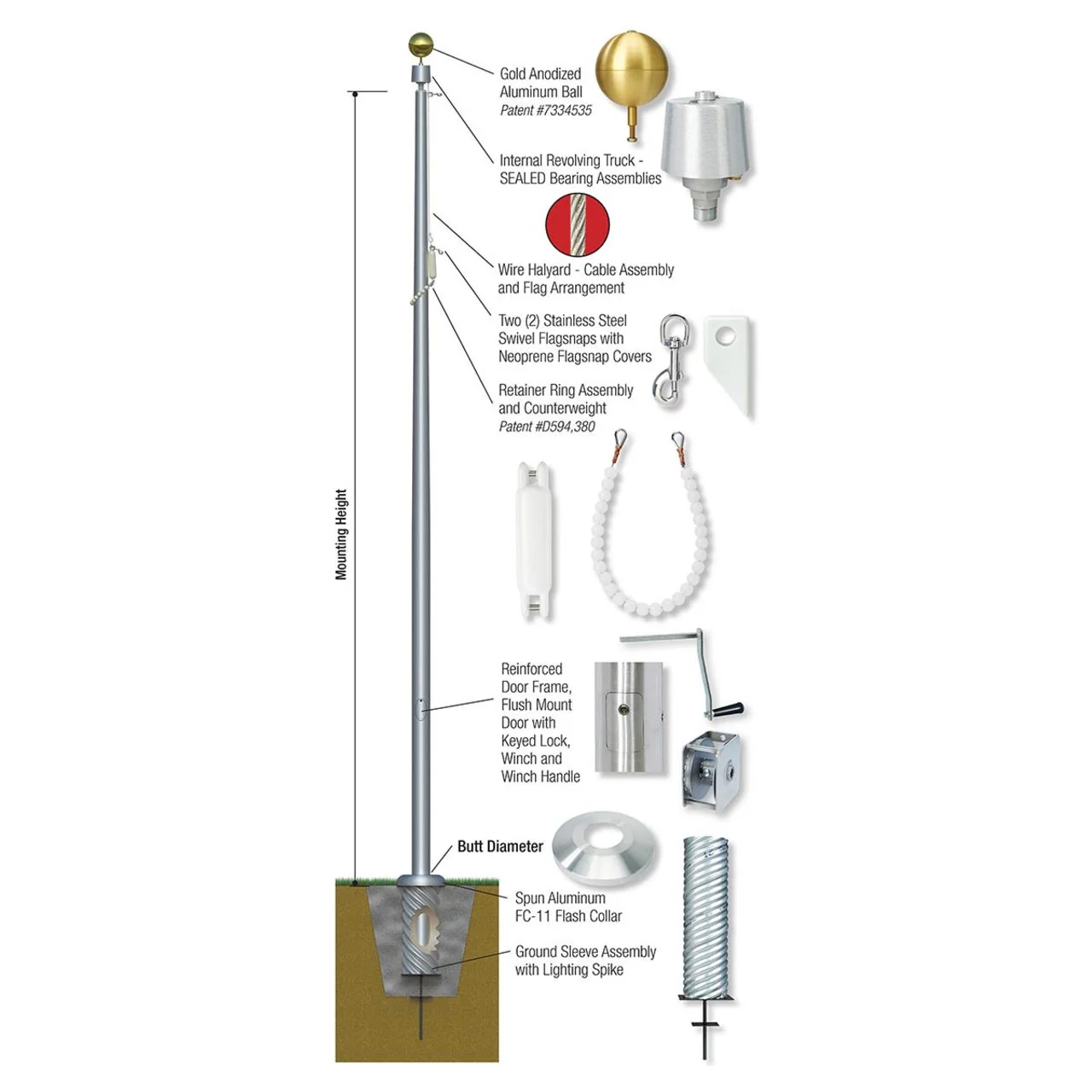 Independence Series 60ft 3 Sections Commercial Flagpole - .250in Wall Thickness - 12in Butt Diameter - Image 3