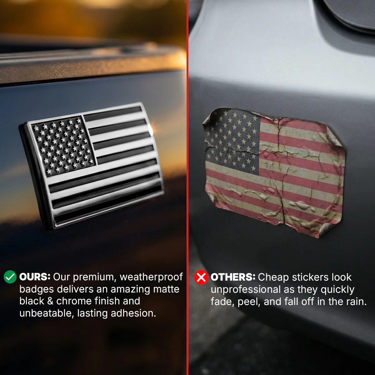 American Flag Badge - 3.8" x 2" All-Weather Emblem - Matte Black & Chrome Finish - Image 3