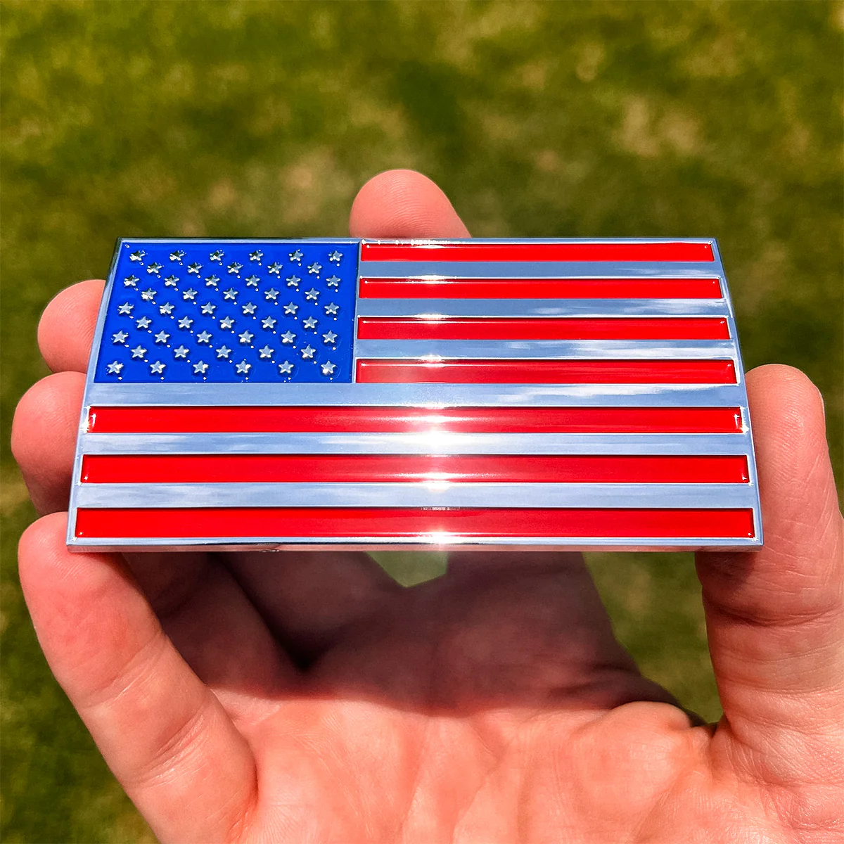 American Flag Badge - 3.8" x 2" All-Weather Emblem - Red, Blue & Chrome Finish - Image 8