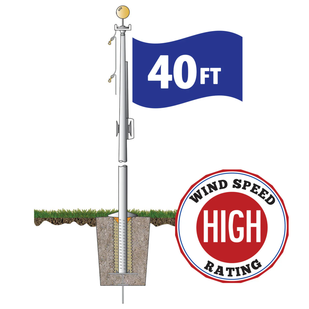 Hurricane Series 40ft Flagpole - External Halyard - ECH40 - Image 3