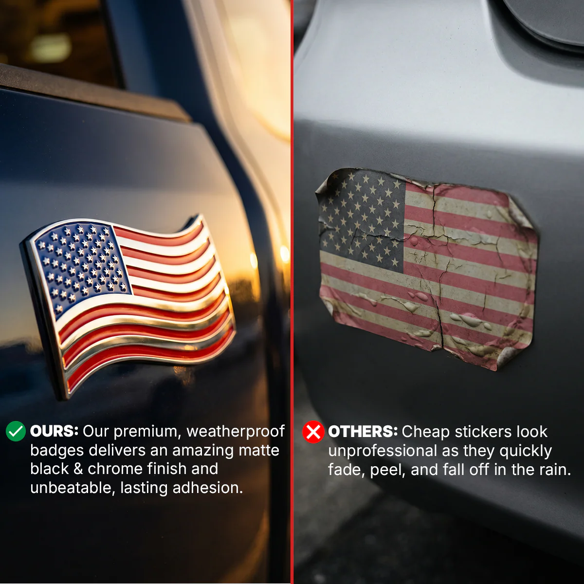 The Wavy American Flag Badge - 3.8" x 2.5" All-Weather Emblem - Red, Blue & Chrome Finish - Image 3