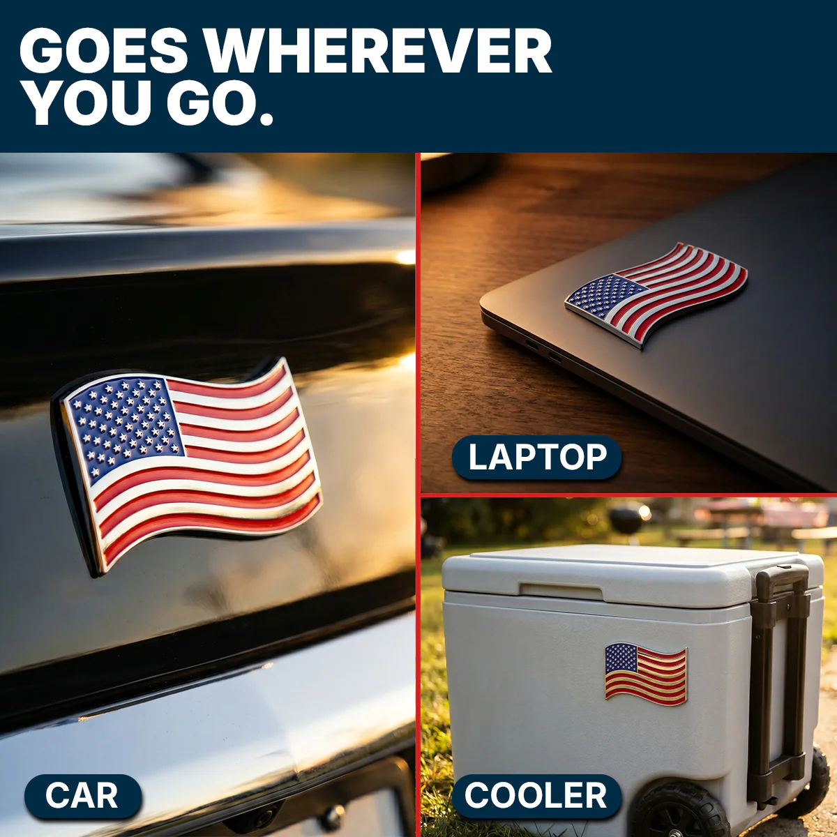 The Wavy American Flag Badge - 3.8" x 2.5" All-Weather Emblem - Red, Blue & Chrome Finish - Image 6