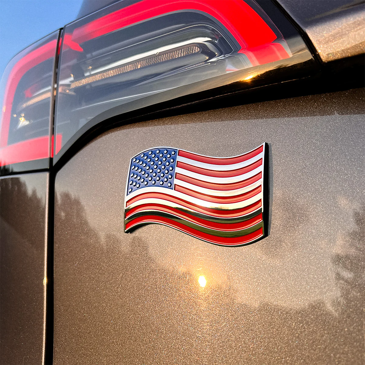 The Wavy American Flag Badge - 3.8" x 2.5" All-Weather Emblem - Red, Blue & Chrome Finish - Image 7
