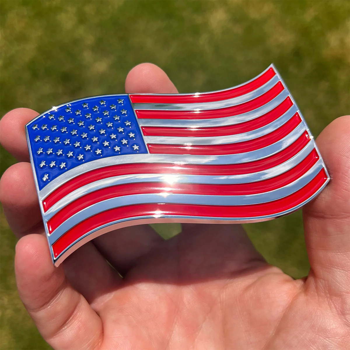 The Wavy American Flag Badge - 3.8" x 2.5" All-Weather Emblem - Red, Blue & Chrome Finish - Image 8