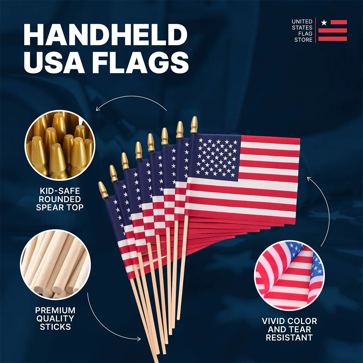Super Tough 4"x6" Cotton US Stick Flag with Spear Tip - Minimum of 12 - Image 4
